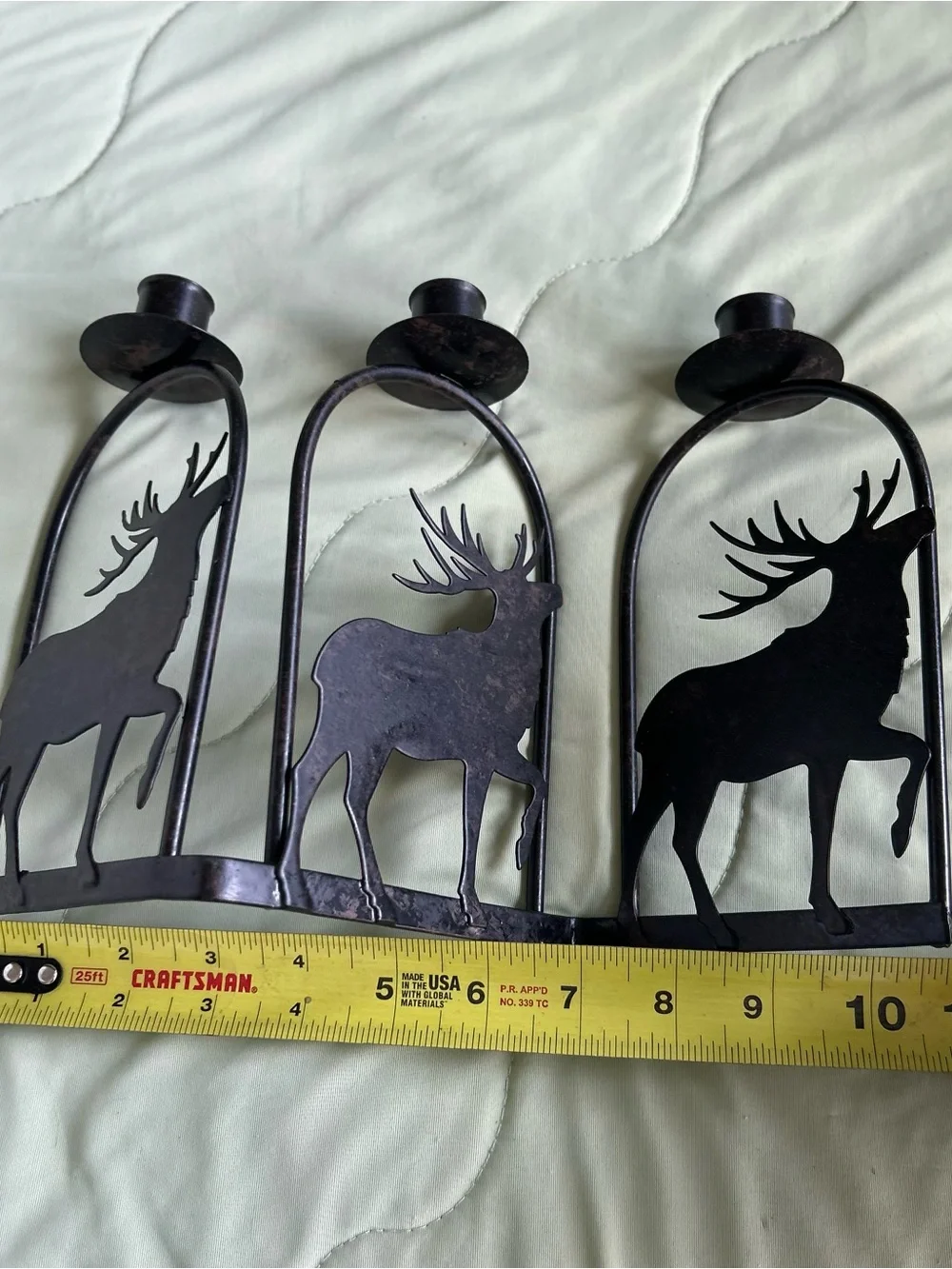 Festive Rustic Metal Cabin Buck Deer Triple Candlestick Holder